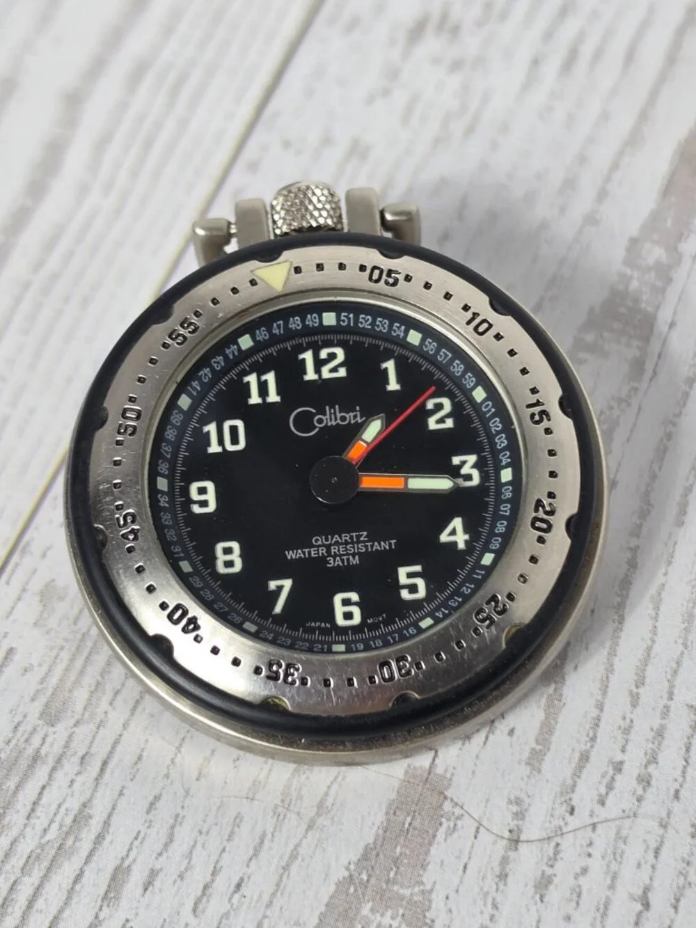 Vintage Colibri Quartz Clip Pocket Watch Black Dial Silver Tone Sports Coaches